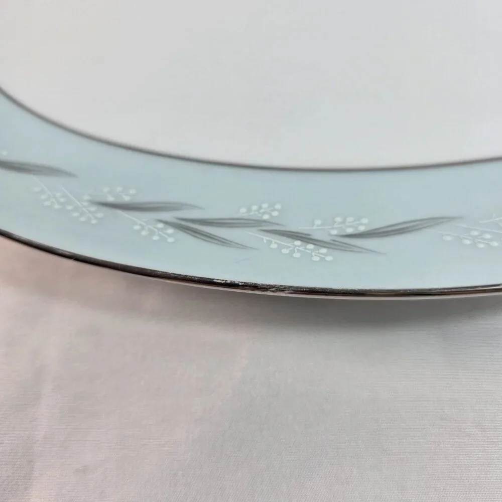 Noritake Sheldon Serving Platter 12 Inch White with Aqua Band and White Flowers